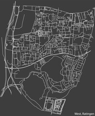 Detailed negative navigation white lines urban street roads map of the WEST MUNICIPALITY of the German regional capital city of Ratingen, Germany on dark gray background
