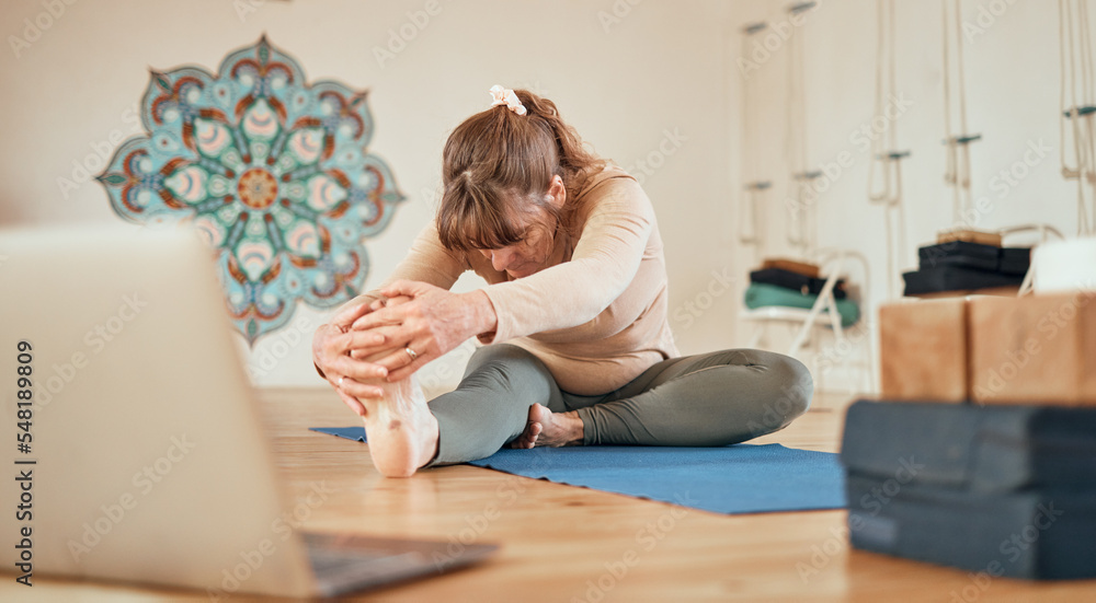 Poster Senior, fitness and yoga workout with laptop webinar for health, wellness and stretching. Elderly, exercise and streaming yogi class subscription on the internet for a healthy lifestyle tutorial.