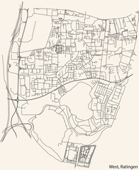 Fototapeta na wymiar Detailed navigation black lines urban street roads map of the WEST MUNICIPALITY of the German regional capital city of Ratingen, Germany on vintage beige background