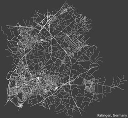 Detailed negative navigation white lines urban street roads map of the German regional capital city of RATINGEN, GERMANY on dark gray background