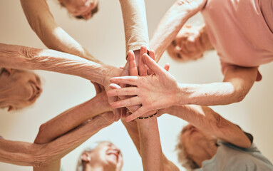 Senior, hands together and motivation with team building and elderly women friends with happiness,...