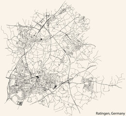 Detailed navigation black lines urban street roads map of the German regional capital city of RATINGEN, GERMANY on vintage beige background