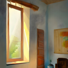 朝日が差し込む窓際風景の油絵風イラストです。