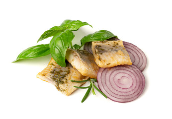 Salted Herring Fillet Isolated, Raw Pickled Fish Meat, Marinated Herring on White Background