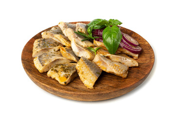 Salted Herring Fillet Isolated, Raw Pickled Fish Meat, Marinated Herring on White Background
