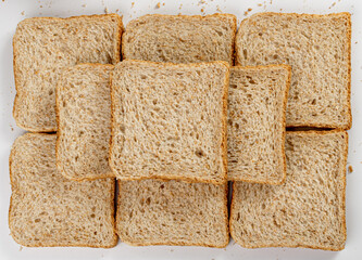 Whole Grain Healthy Sandwich Bread Square Slices Texture Background, Supermarket Bread for Toasts, Copy Space