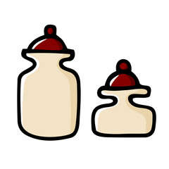 Doodle jars for spices. Color container with lid on white background. Hand-drawn cozy kitchen utensils, dishes for food, cooking. Cafe, organization of storage, cozy home symbol. Vector illustration