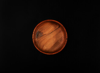Empty Wood Bowl Isolated, Wooden Bowl on Black Background, Rustic Mock Up