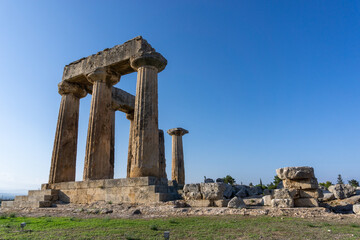 view of the Temple of Apollo in Ancient Corinth in southern Greece