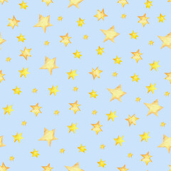 Cute watercolor star sky. Seamless pattern. Hand drawn stars. Texture for kids design, decoration,  wallpaper, textiles, wrapping paper. Also suitable for Christmas decor.