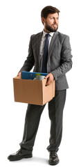 Fired young man holding box with personal stuff on white background