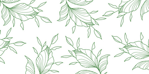 Botanical seamless pattern, hand drawn line art leaves on white