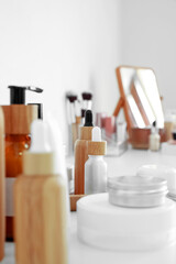 Different cosmetic products on table, closeup - obrazy, fototapety, plakaty