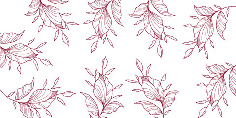 Botanical seamless pattern, hand drawn line art leaves on white