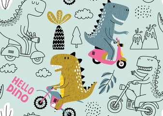 Seamless pattern with Cute dinosaur riding a motorbike.