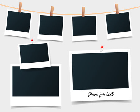 Big set of blank set photo picture frames on gray background. Retro snapshots, instant photos mockup hanging on a thread or attached with buttons. Realistic template with shadow. Vector illustration