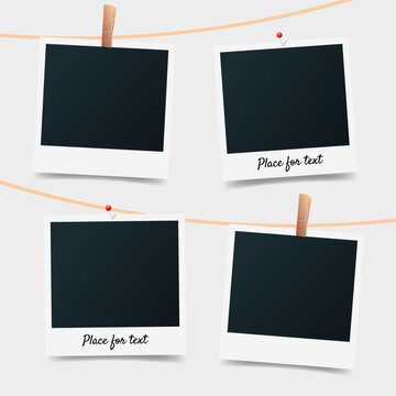 Blank set photo picture frames on gray background. Retro snapshots, instant photos mockup hanging on a thread. Photo template for Scrapbook. Vector illustration