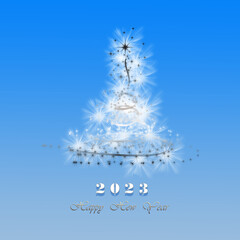 Elegant shiny blue New Year background with beautiful fir tree and place for text. Greeting card, party invitation.