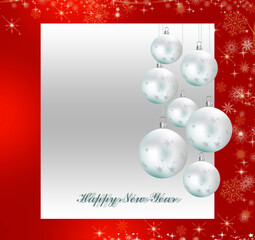 Elegant shiny red New Year background with beautiful baubles and place for text. Greeting card, party invitation.