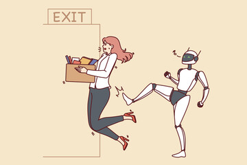 Robot kick female employee out of office job. Concept of artificial intelligence and androids at workplace. New era of robotic assistants. Vector illustration. 