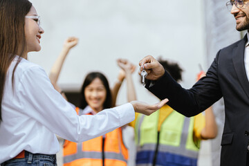 Fototapeta premium Crop close up of female tenant renter show praise house keys moving to first own new apartment or house, happy woman owner buy purchase home, relocate to dwelling, rental, rent, ownership concept