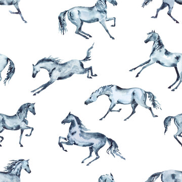 Seamless pattern with watercolor horses in various poses and motion. Isolated on white background with hand drawing ponies. Equestrian sport traditional style for trendy fashion fabric.