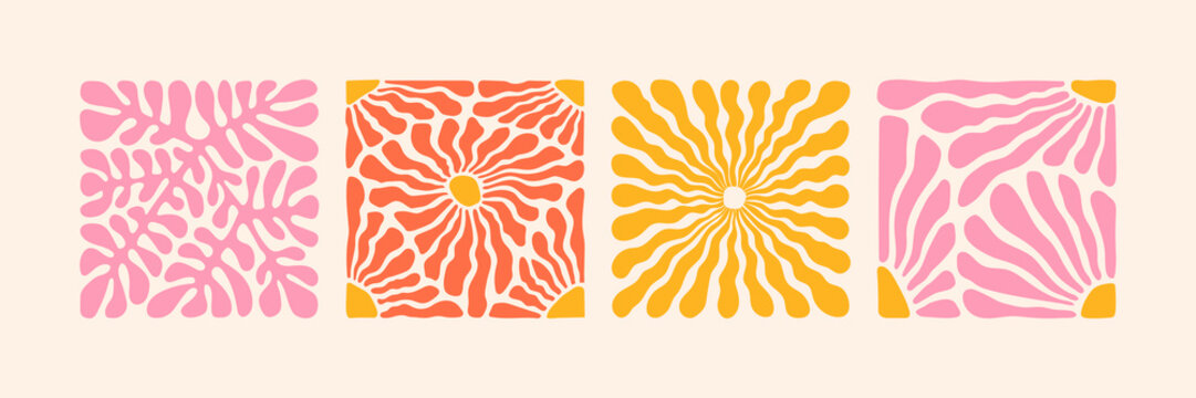 Groovy Abstract Flower Art Set. Organic Doodle Shapes In Trendy Naive Retro Hippie 60s 70s Style. Contemporary Poster And Background. Floral Botanic Vector Illustration In Pink, Yellow, Orange Colors.