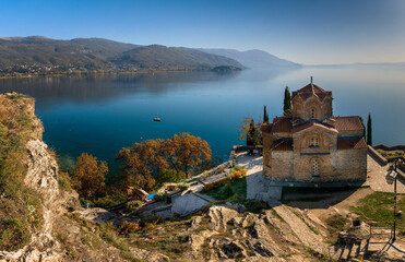 view of the church of Saint John and Lake Ohrid in North Macedonia - obrazy, fototapety, plakaty
