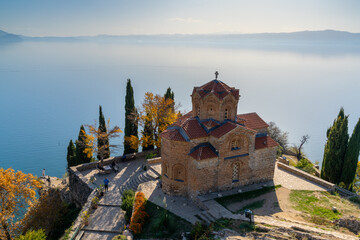 view of the church of Saint John and Lake Ohrid in North Macedonia