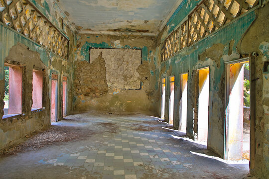 Lost Place in Eleousa. Derelict sanatorium. Historic Italian settlement. Detailed view of a former old cinema. Rhodes island, Greece.