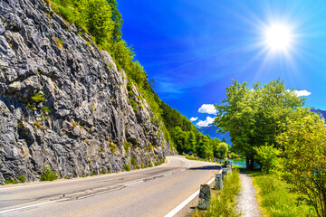 Road with cliffs, Lake Thun, Thunersee, Bern, Switzerland