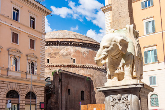 Elephant and Obelisk on Piazza della Minerva square with Pantheon at background, Rome, Italy