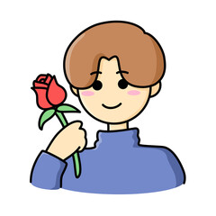 A transparent boy is holding a rose and smiling on white background, an isolated illustration, a trendy man