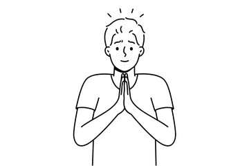 Smiling young man with hands in prayer ask for forgiveness. Male join hands feel grateful or thankful. Gratitude concept. Vector illustration. 