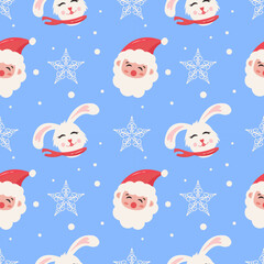 Trendy cute Happy New Year seamless pattern Merry Christmas Cute design cute rabbit hare santa snow 2023 symbol repeat background