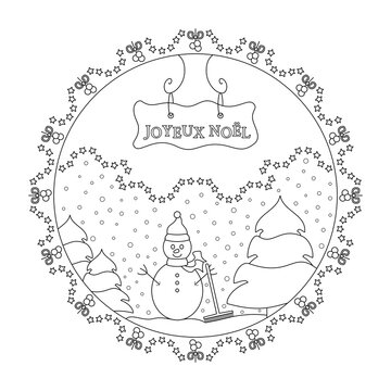 Snowman and fir tree. Snow falling. Winter decor. Christmas mandala coloring page. With text Merry Christmas in French. Vector illustration	