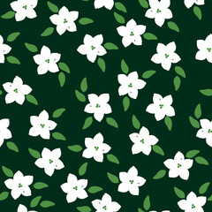 Cute floral pattern. Seamless vector texture. An elegant template for fashionable prints. Print with white flowers . green   leaves. dark green background.