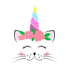 Cute unicorn cat face with flowers and rainbow horn. Baby vector illustration isolated on white background
