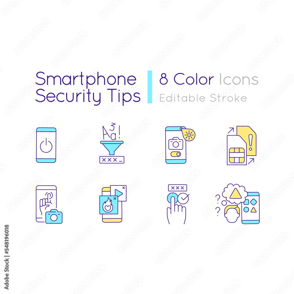 Poster smartphone security tips rgb color icons set. strong login data. cybersecurity isolated vector illus
