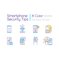 Smartphone security tips RGB color icons set. Strong login data. Cybersecurity Isolated vector illustrations. Simple filled line drawings collection. Editable stroke. Quicksand-Light font used