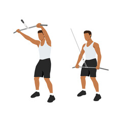 Fototapeta na wymiar Man doing straight arm pulldown exercise. Flat vector illustration isolated on white background