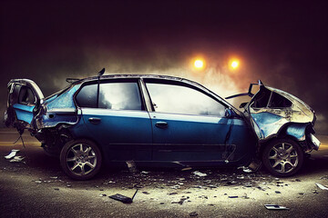 Fototapeta na wymiar Crashed blue car lights and smoke car crash