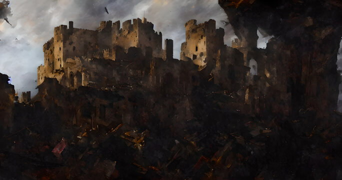 A concept art illustration of Crumbling Farum Azula. A location from Elden ring game. Levitating ruins of castle/fortress and colosseum spinning and flying around a huge tornado. Vortex and whirlwind