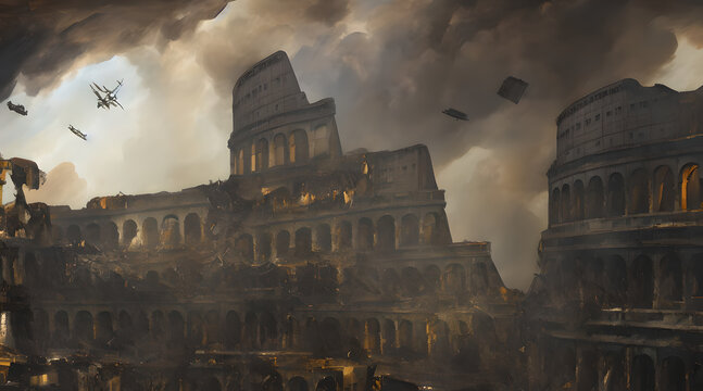 A concept art illustration of Crumbling Farum Azula. A location from Elden ring game. Levitating ruins of castle/fortress and colosseum spinning and flying around a huge tornado. Vortex and whirlwind
