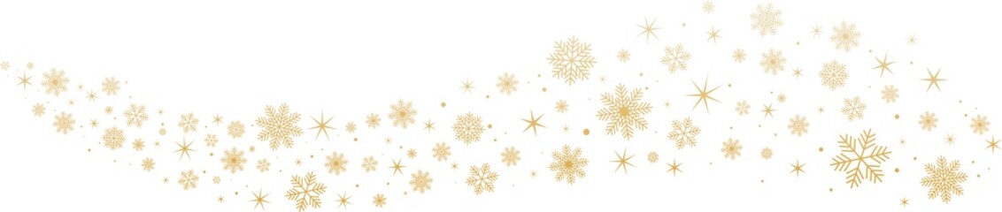 Gold snowflakes and stars on transparent background. New year illustration. PNG image