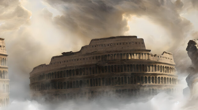 A concept art illustration of Crumbling Farum Azula. A location from Elden ring game. Levitating ruins of castle/fortress and colosseum spinning and flying around a huge tornado. Vortex and whirlwind