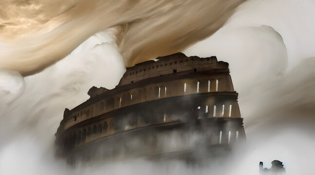 A concept art illustration of Crumbling Farum Azula. A location from Elden ring game. Levitating ruins of castle/fortress and colosseum spinning and flying around a huge tornado. Vortex and whirlwind