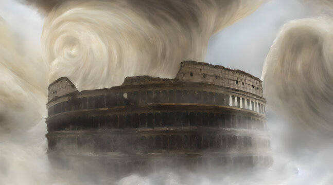 A concept art illustration of Crumbling Farum Azula. A location from Elden ring game. Levitating ruins of castle/fortress and colosseum spinning and flying around a huge tornado. Vortex and whirlwind