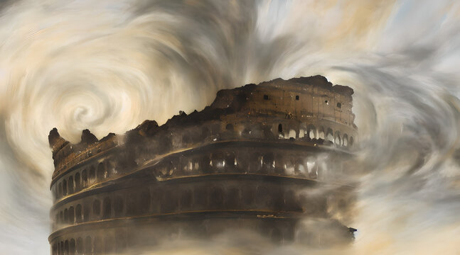 A concept art illustration of Crumbling Farum Azula. A location from Elden ring game. Levitating ruins of castle/fortress and colosseum spinning and flying around a huge tornado. Vortex and whirlwind