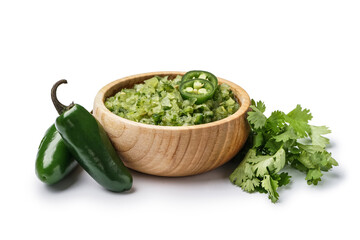 Bowl of fresh salsa sauce, cilantro and jalapeno peppers on white background